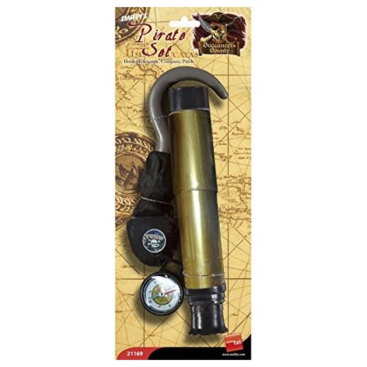 Smiffy's-21169 Set de Pirata con garfio, catalejo, brújula y Parche, Color marrón, No es Applicable (21169)