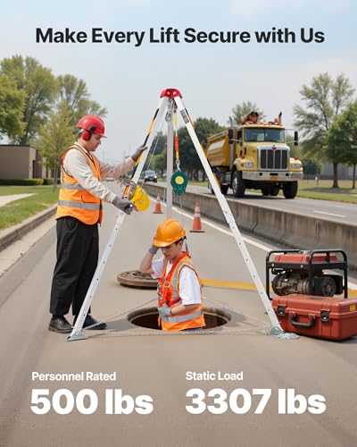 Image of VEVOR Confined Space Tripod Kit, Heavy Duty Rescue Tripod Lifting Hoist 1200 lbs Winch, 4.1 ft Adjustable Legs, 98.5 ft Cable Portable Kit, 32.8 ft Fall Protection, 4.40-7.05 ft Working Height