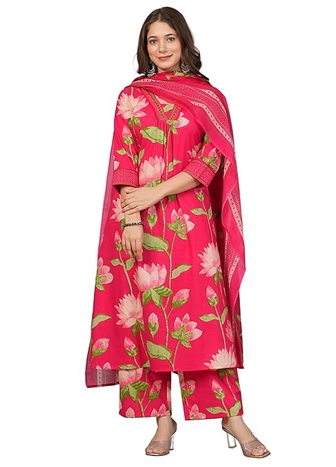 Women's Pure Cotton Printed A-Line Kurta Set with Palazzo Pants & Dupatta-image-30