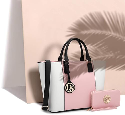 Miniatura 2 de DASEIN - Bolsa de mano para mujer bolsa tipo bandolera asa superior bolsa plana para trabajar 1-pink/White + Matching Wallet, 2-black/Pewter +