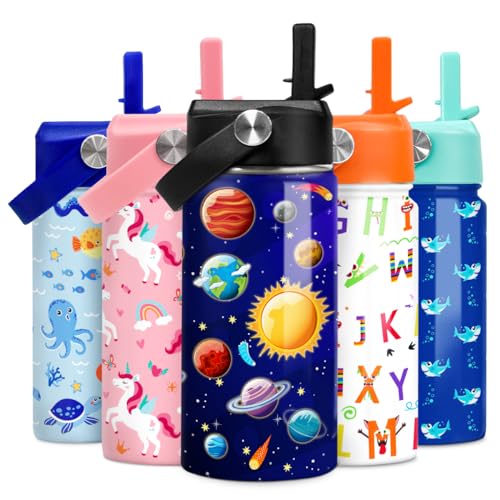 Image of SANDJEST Kids Water Bottle Solar System Water Bottles 12oz with Straw Insulated Stainless Steel Travel School Tumbler Double Wall Vacuum Cup for Girls Kid Boys