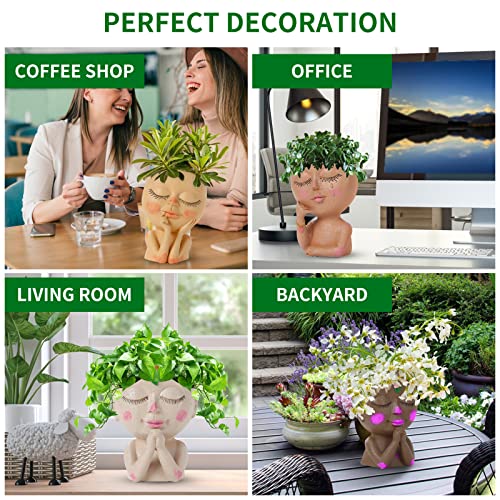 Aofeite Girl Face Plant Pots Head Indoor/Outdoor With Drainage Holes，7In Succulent Pots Head Planter- Resin Plants Live Houseplants Flower Pots Potheads Planters With Set 4 Gardening Tools #TOP5