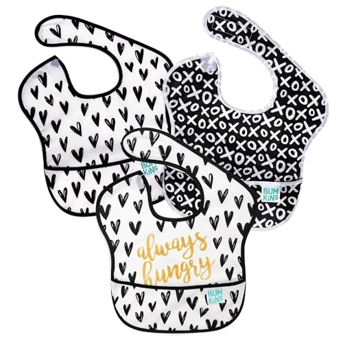 Image of Bumkins Bibs for Girl or Boy, SuperBib Baby and Toddler for 6-24 Months, Essential Must Have for Eating, Feeding, Baby Led Weaning Supplies, Mess Saving Catch Food, Fabric 3-pk Hearts and XOXO