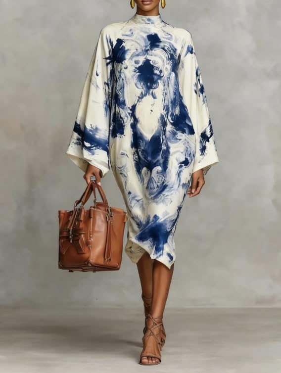 OSCORP Women’s Turtleneck Maxi Dresses with Paisley Abstract Ethnic Geometric Prints Bell Sleeve Loose Fit Elegant Style - Image 2