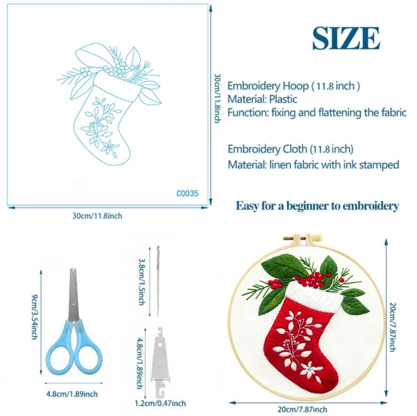 Image of Zhenqing Christmas Stocking Embroidery Kit for Beginners, Red Stocking Needlework Kit with Pre-Printed Fabric, Hoop, Threads & Tools (C0035)
