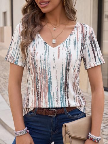 Image of Danedvi Women Deep V-Neck Short Sleeve Tops Solid Casual Loose T Shirt