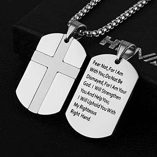 HZMAN Isaiah 41:10 Jewelry, Stainless Steel cross Dog Tag Necklace STRENGTH Bible Verse2