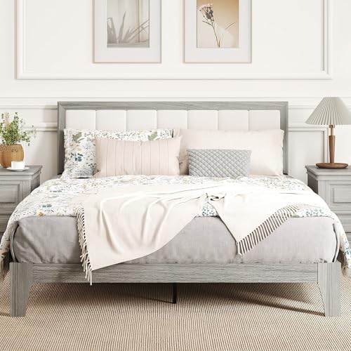 HOMCOM Queen Size Bed Frame with Upholstered Headboard, Platform Bed