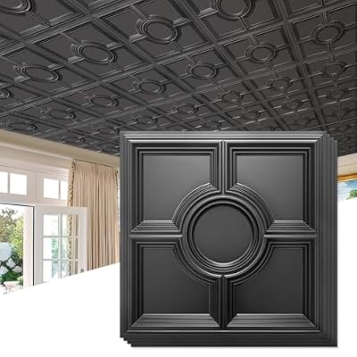 STICKGOO Black Drop Ceiling Tiles 2ft x 2ft, Glue Up Ceiling Panels 24 x 24in, Waterproof, Premium PVC to Prevent Breakage, 12 Pack Cover 48 Sq. Ft