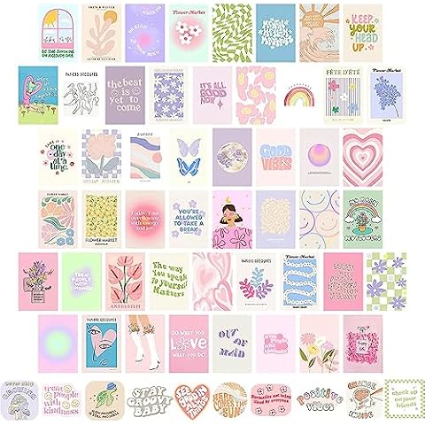 GENSTEUO 50pcs Danish Pastel Room Decor Aesthetic, Cute Pictures Wall Decor Aesthetic, Danish Pastel Wall Collage Kit, Cute Posters for Teen Girls Bedroom Wall Decor, Pastel Room Decor Trendy Cover