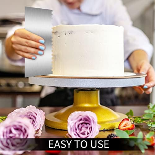 FANTESI 9 Inch Stainless Steel Cake Scraper, Sided Patterned Edge Stripe Smoother Scraper, 1 Cake Edge Scraper with 1 Dough Scraper Cutter, Cake Tool Set for Buttercream Bread, Pizza, Pastry