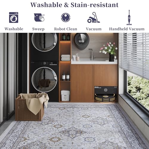 Vintage 8x10 Washable Area Rug, Low-Profile Large Area Rug with Non-Slip Backing & Durable Edge Binding, Pet-Friendly Carpet, Large Rug for Living Room, Bedroom, Dinning Room