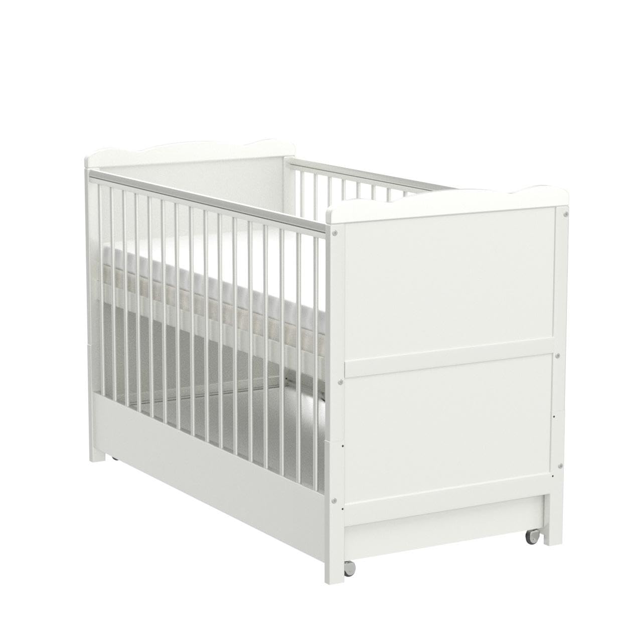 Cuna con cajón y tapa, con colchón de espuma de aloe vera, altura regulable, color blanco, convertible en cama infantil