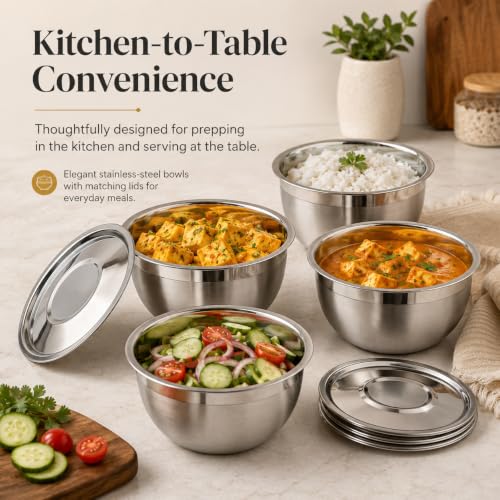 Image of Kraft Stainless Steel Serving Bowl Set of 4 with Lids - 1.5 L Each