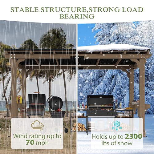 Image of BlueWish 6' x13' Outdoor Grill Gazebo, Wood Grill Gazebo with Metal Sloping Roof, Heavy Duty Cedar Wood Frame, Wind-Resistant Patio Gazebo with Shelves for Barbecue, Backyard, Light Mocha Brown