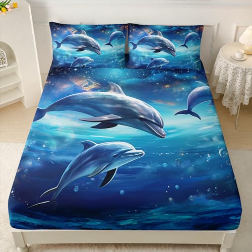 AILONEN Kawaii Dolphin Fitted Sheet Set Queen Size,Galaxy Dream Dolphin Bedding Set for Kids Boys Girls,3 Pieces Ocean Animal Bed Sheet Set for Bedroom Decor,1 Fitted Sheet and 2 Pillowcases