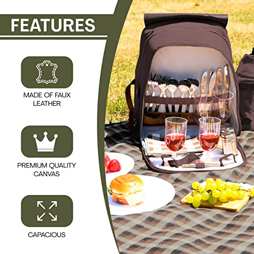 Picnic Backpack - Canvas And Faux Leather Picnic Backpack For 4 – Insulated Picnic Basket For 4 And Picnic Set - Picnic Basket W/A Fleece Picnic Blanket, Dinner Plates And Cutlery Set #TOP5