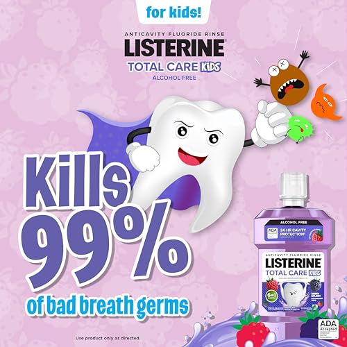 Image of Listerine Total Care Kids Mouthwash, ADA Accepted, Alcohol-Free Anticavity Sodium Fluoride Mouthwash, Oral Rinse for Cavity Protection, Berry Splash Flavor for Kids Oral Care, 16.9 Oz, 6-Pack