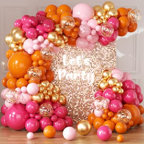 Pink and Orange Balloons Arch Kit - 164pcs Hot Pink and Orange Metallic Gold Confetti Balloons in Different Size 18 12 10 5inch for Summer Tropical Birthday Sunset Party Graduation Decorations by Eroocai - Used condition - US$8.56