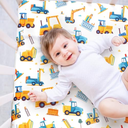 4 Pack Baby Boy Pack N Play Mini Crib Sheets Soft Fitted Baby Boy Mattress Covers Construction Truck Theme Breathable Toddler Sheets for Infant (Construction Truck, Pack N Play Mini Crib Sheets)