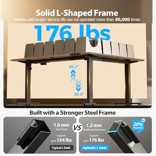 Image of Agilestic L Shaped Standing Desk 63 x 55 inch Adjustable Height, Electric Corner Standing Desk, Sit Stand Computer Table with Splice Board, Vintage Brown
