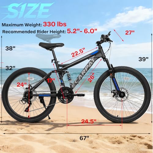 Mountain Bike with Full Suspension, 21 Speed Shifter Lever with Gear Indicator, High Carbon Steel Frame, Mechanical Disc - Additional View