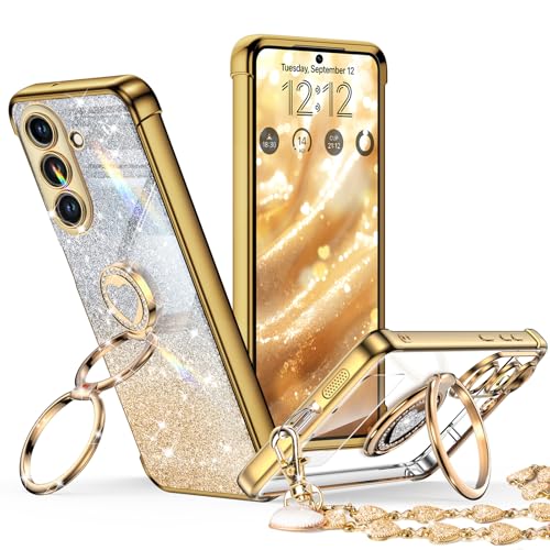 Image of XYZ for Galaxy S26 Plus Case with Stand, for Samsung Galaxy S26 Plus Case with Double Ring, Women Girls Bling Luxury Glitter Clear Phone Case Cover Heart for Samsung S26 Plus, Gold