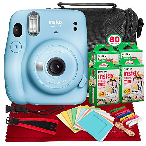 Super Sale 🛒 FUJIFILM INSTAX Mini 11 Instant Film Camera (Sky Blue) + ACCESSORY BUNDLE THAT INCLUDES 4X Fujifilm Instax Mini Twin Film (80 Exposures), Camera Carrying Case, Camera Strap & Funky Film Frames