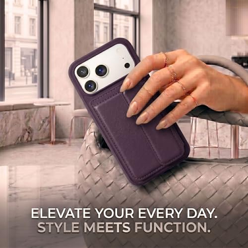 Image of amazon basics Luxury Vegan Leather Back Cover for iPhone 17 Pro | Built-in Card Holder Slot | Integrated Mobile Stand | Slim Shockproof Protective Case with Stitched Finish - Purple