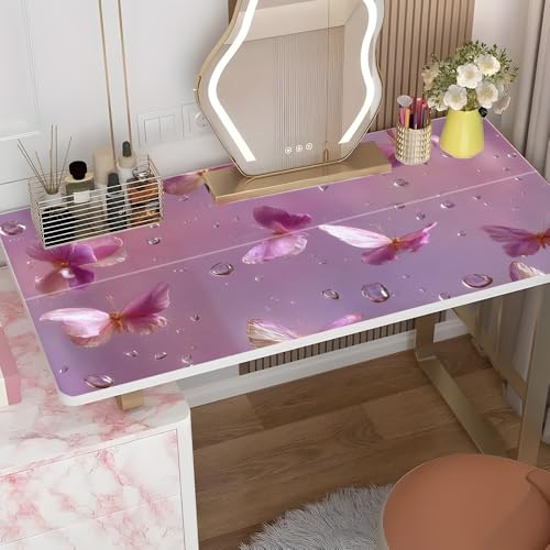 Image of Pink Butterfly Desktop Sticker 39.37x23.62In, Floral Butterfly Water Drop Desk Decal, Easy Clean Table Surface Sticker, Dreamy Feminine Home Decor