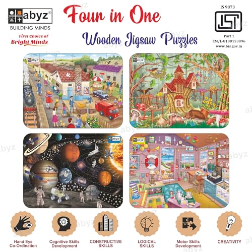 Image of ABYZ Wooden Jigsaw Railway Station,The Beach House, Sleepy Time, Space Puzzles 120pcs for Kids of Age 3-5 Years, Set of 4