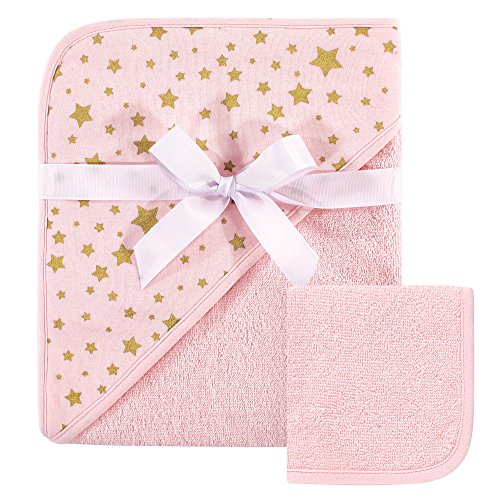 Image of Hudson Baby Unisex Baby Cotton Hooded Towel and Washcloth, Pink Gold Star, One Size