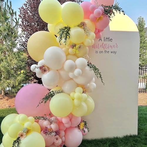 Image of Pink and Yellow Balloon Arch Kit,150Pcs Pastel Pink Light Pink Yellow Sand White Balloons for Baby Shower Bridal Shower Wedding Bee Bear Themed Birthday Party Decorations