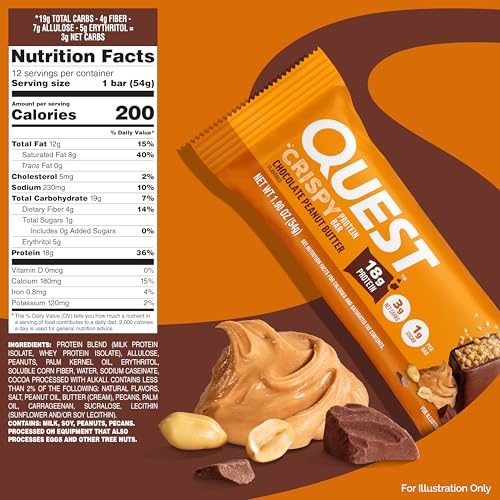 Image of Quest Nutrition Crispy Chocolate Peanut Butter Hero Protein Bar, 18g Protein, 1g Sugar, 3g Net Carb, Gluten Free Protein Snack, Keto Friendly, 12 Count