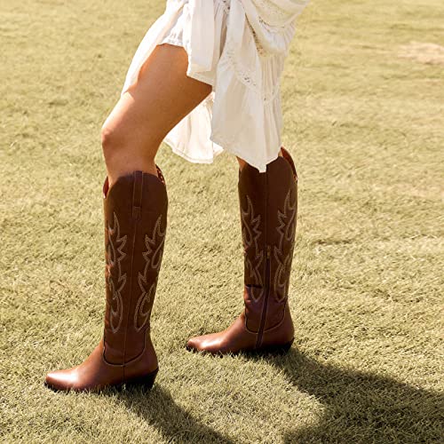 Tinstree Cowgirl Boots For Women,Embroidered Cowboy Boots Knee High Midium Chunky Tall Mid Calf Booties Western Boots Over The Knee Slip On Retro Classic Boots Riding Brown,10 #TOP5