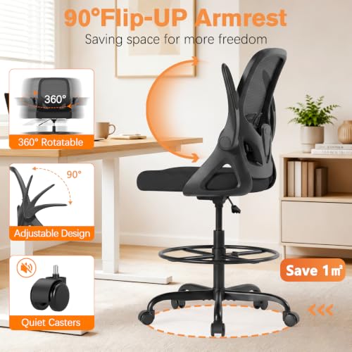 Image of ORRSAKER Drafting Chair, Tall Office Chair with Flip-up Arms, Mesh Ergonomic Computer Standing Desk Chair with Adjustable Height Foot Ring and Lumbar Support, 300 LBS Capacity, Black