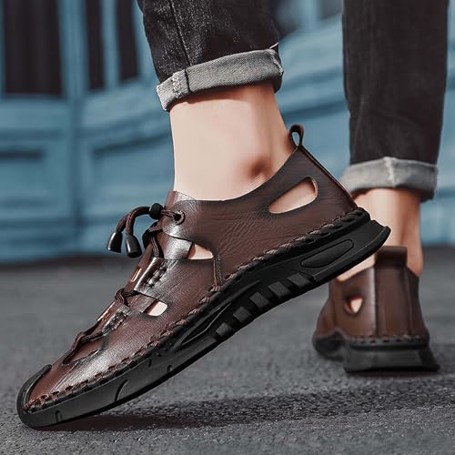 Men's Premium Cowhide Leather Sandals Non Slip Durable Rubber Outsole Hand Stitched Stylish Hollow Design Easy Lace Up Closure Comfortable Summer Footwear4