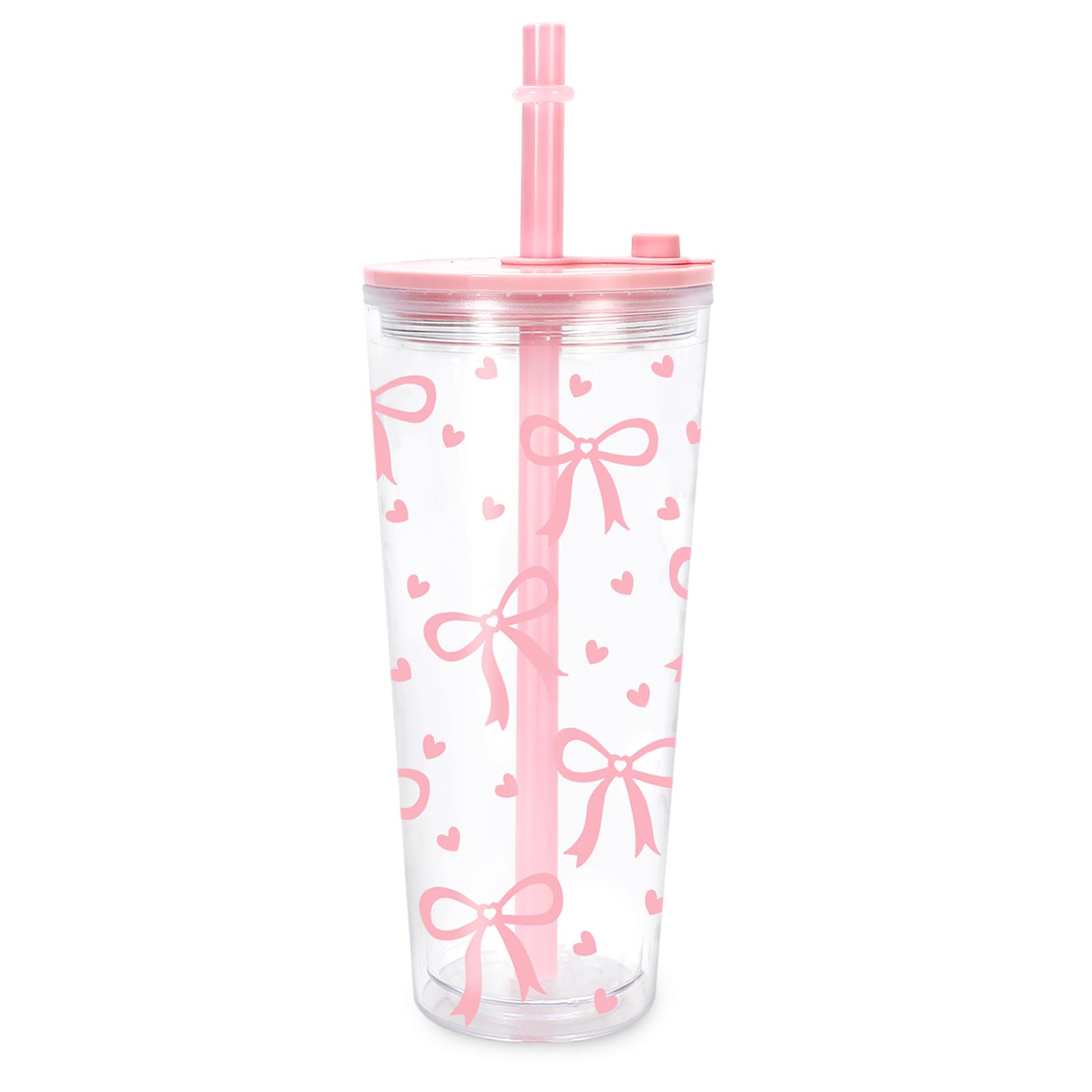 FYSUIMU Pink Bow Reusable Boba Cup Coquette Bowknot Heart Bubble Tea Cup with Lid and Straw 24 oz Double Wall Insulated Tumbler for Boba Pearls Drink