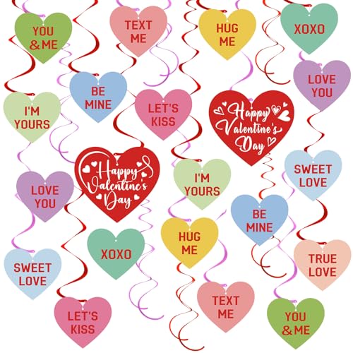 Image of 54Pcs Happy Valentine's Day Hanging Swirls Party Decorations Conversation Hearts Candy Hanging Swirls Banner Garland for Anniversary Valentines Day Home Office Classroom Decorations