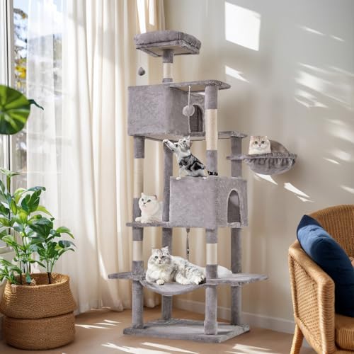 Sweetcrispy Torre de árbol para gatos de 66 pulgadas, torre de escalada para gatos de varios niveles con postes rascadores de sisal natural, hamaca, condominio para gatos y gatitos de interior, color