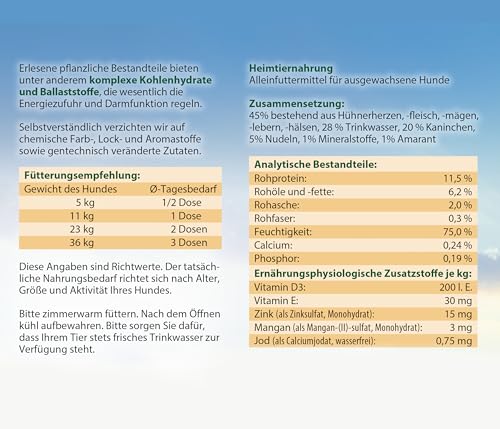 Dehner Best Nature Hundefutter, Nassfutter getreidefrei, für ausgewachsene Hunde, Huhn / Kaninchen / Nudeln, 6 x 400 g Dose (2.4 kg)