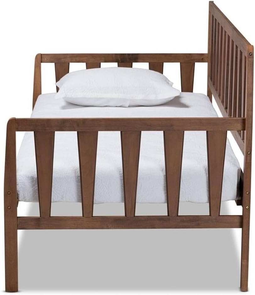 BOWERY HILL Twin Size Daybed, Solid Rubberwood and MDF Wood, Walnut Brown Finish, Tapered Slatted Panels, Modern Transitional Style, Sturdy Sofa Bed for Guestroom or Child’s Room, 79.1 in Wide