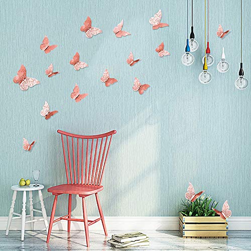 JUN-H 36 Stücke 3D Schmetterling Dekorationen Schmetterling Aufkleber DIY Wandkunst Aufkleber Schlafzimmer Baby Dekor Abziehbilder Abnehmbare Dekorative Papier Wandbilder (Rose Rot)
