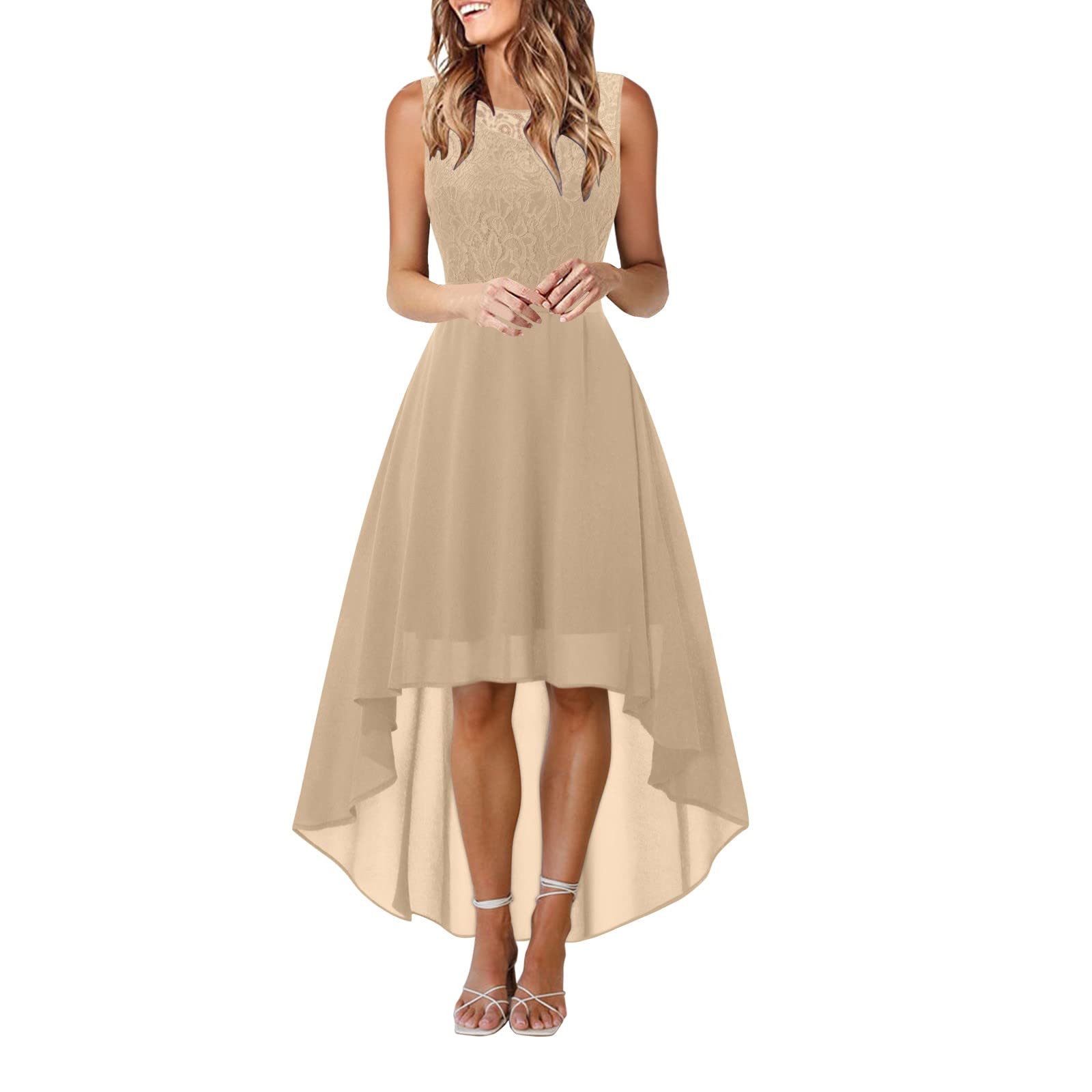 Abendkleider Elegant für Hochzeit Ärmellos Festliche Kleid Spitzen und Chiffon Kleider Unregelmäßiger Saum Lässig Locker Brautjungfernkleid