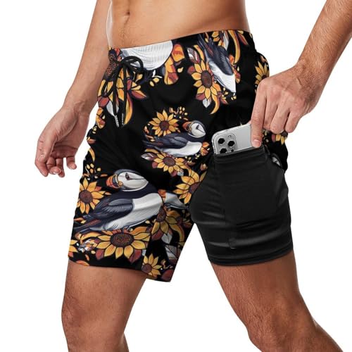 Puffines Bird Sunflower Mens Swim Trunks with Quick-Drying Lining Beach Shorts for Outdoor Sports2