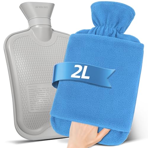 MUPAS Wärmflasche mit Vliesbezug –2L Große Auslaufsicher Bettflasche –Weicher Wärmflaschen mit Känguru Tasche – Hot Water Bag für Kinder & Erwachsene (Hellblau)