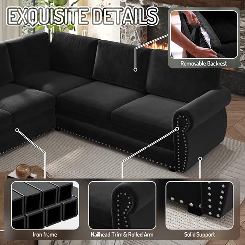 Image of KCGKCG 118 inch Sleeper Sofa Bed, Sectional Couches for Living Room /Apartment, Chenille L Shaped Couch with Pull Out Couch Bed, Convertible Sectional Sofa with Rolled Arm & Nailhead Trim, Black