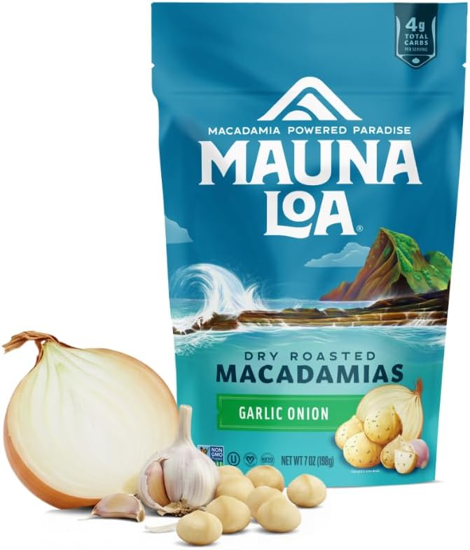 Mauna Loa Garlic Onion Roasted Macadamia Nuts, 7 oz Resealable Bag, Keto Friendly, Gluten Free, Savory Healthy Snack