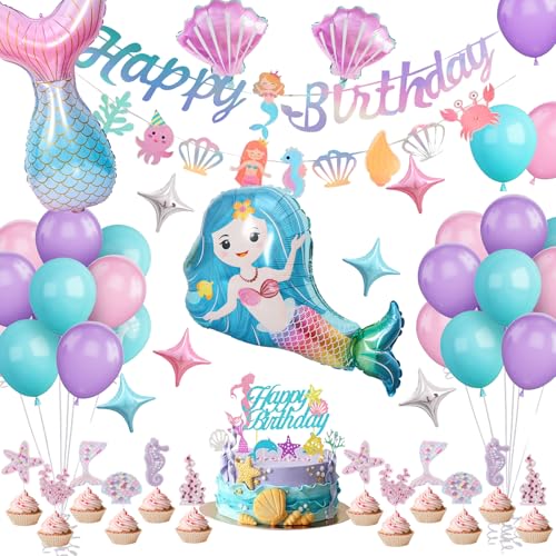 Sirena Decoraciones Cumpleaños, Sirena Pancarta Happy Birthday, Adornos para Tarta - Fiesta Temática para Niños 1 2 3 4 5 6 7 8 9Años