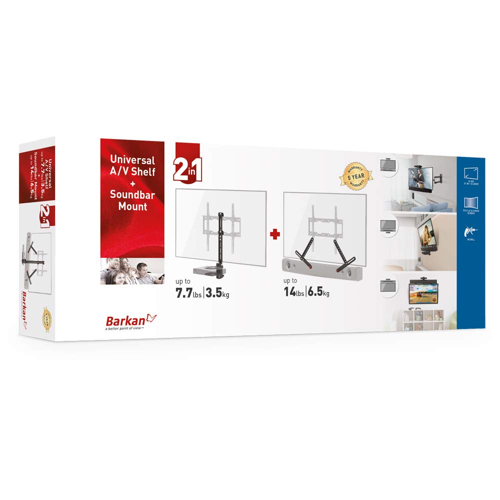 Barkan Mounts Universal Soundbar Halterung & Regal Multimedia, für die Montage über oder unter TV, für 13-80 Zoll TV, für die meisten Soundbars, hält bis 6.5Kg, Anti Rutsch Klemme, E850.B, Schwarz